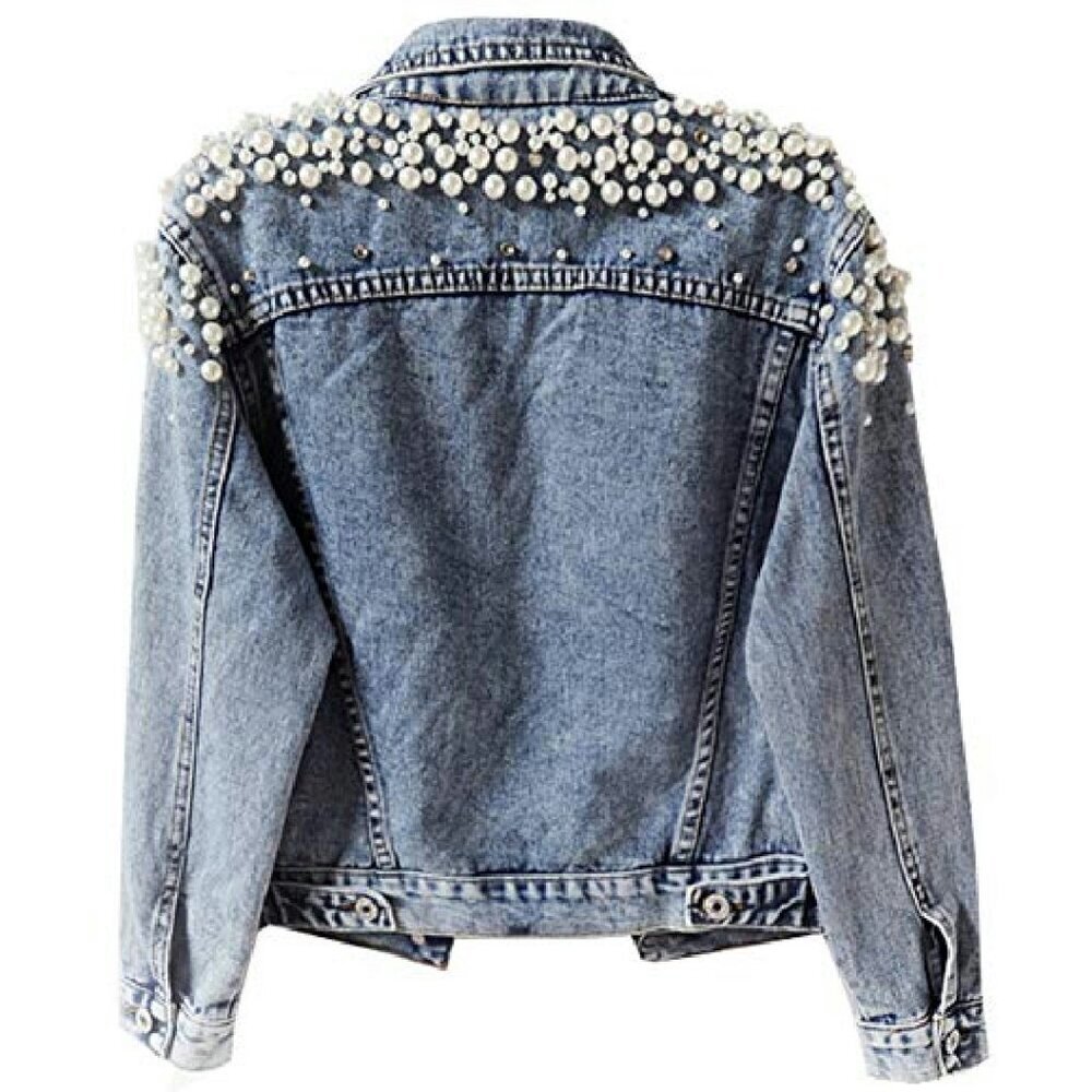Distressed Denim Jacket with Pearl Embroidery, Cotton Poly Blend, Sizes XS-XXL - Picture 4 of 8
